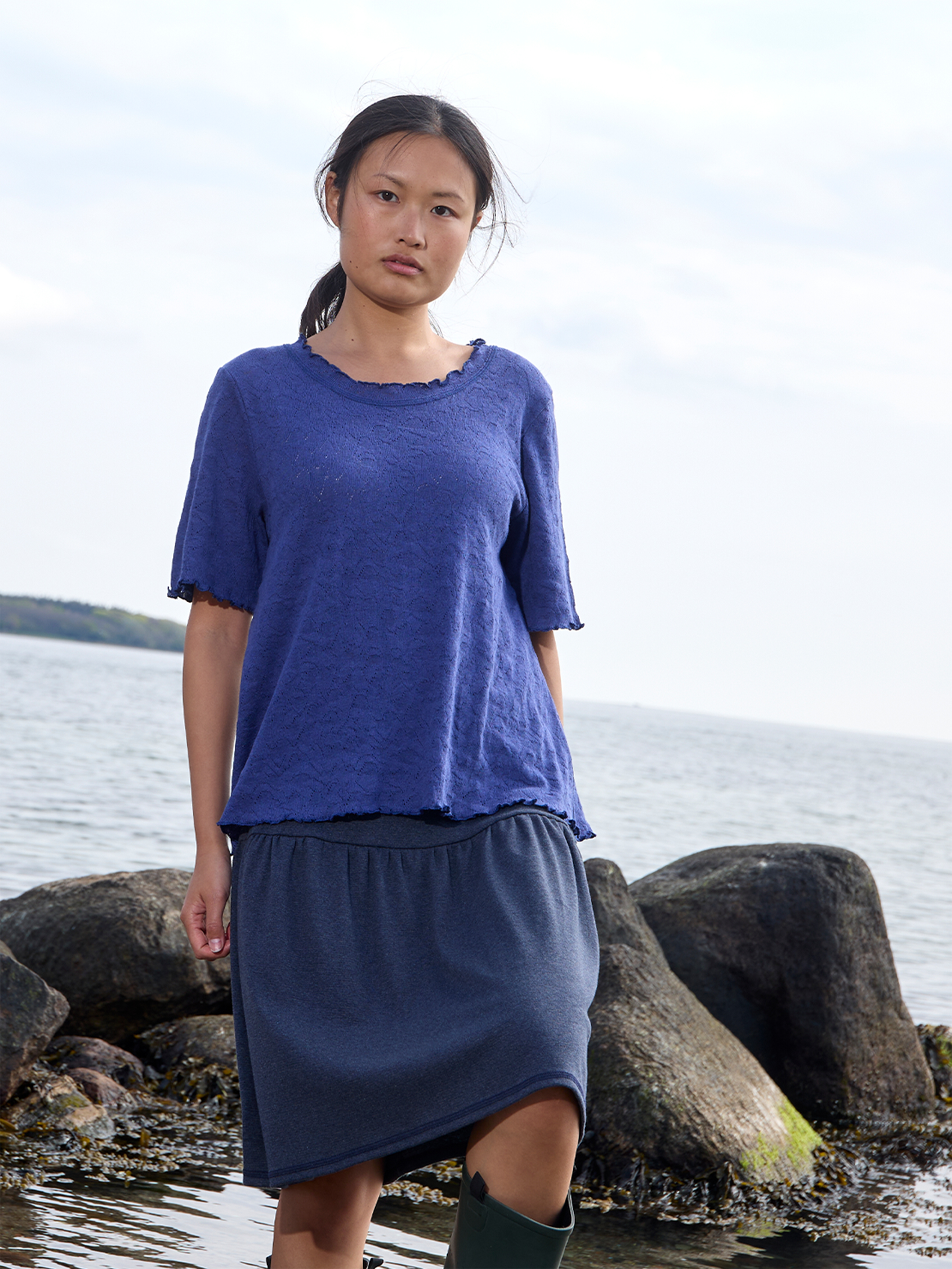 Frill shirt s/s jacquard organic cotton